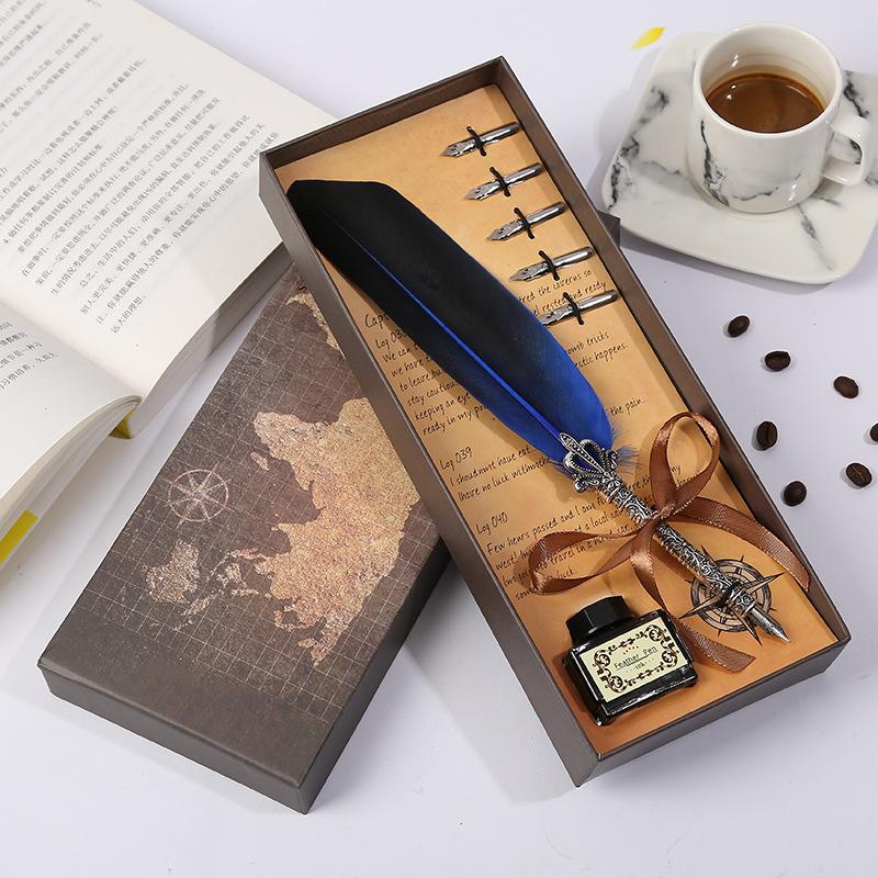 Map Creative Pen Gift Box Crown Quill Set Retro Metal Pen Pen Gift Pen