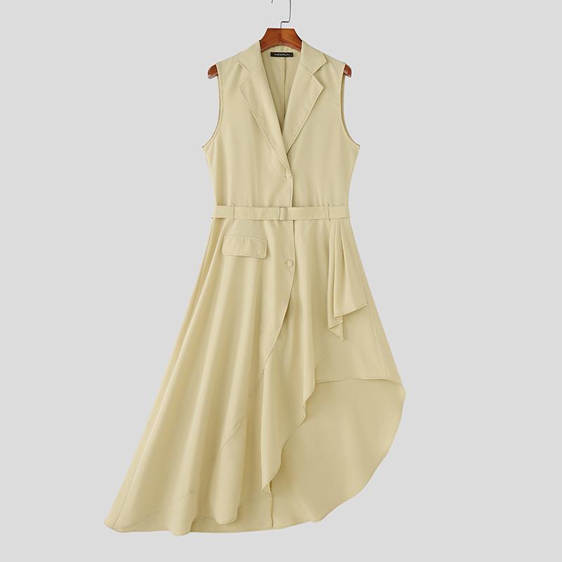 

INCERUN Мужской жилет с лацканами без рукавов на пуговицах, асимметричный, с оборками 5XL бежевый