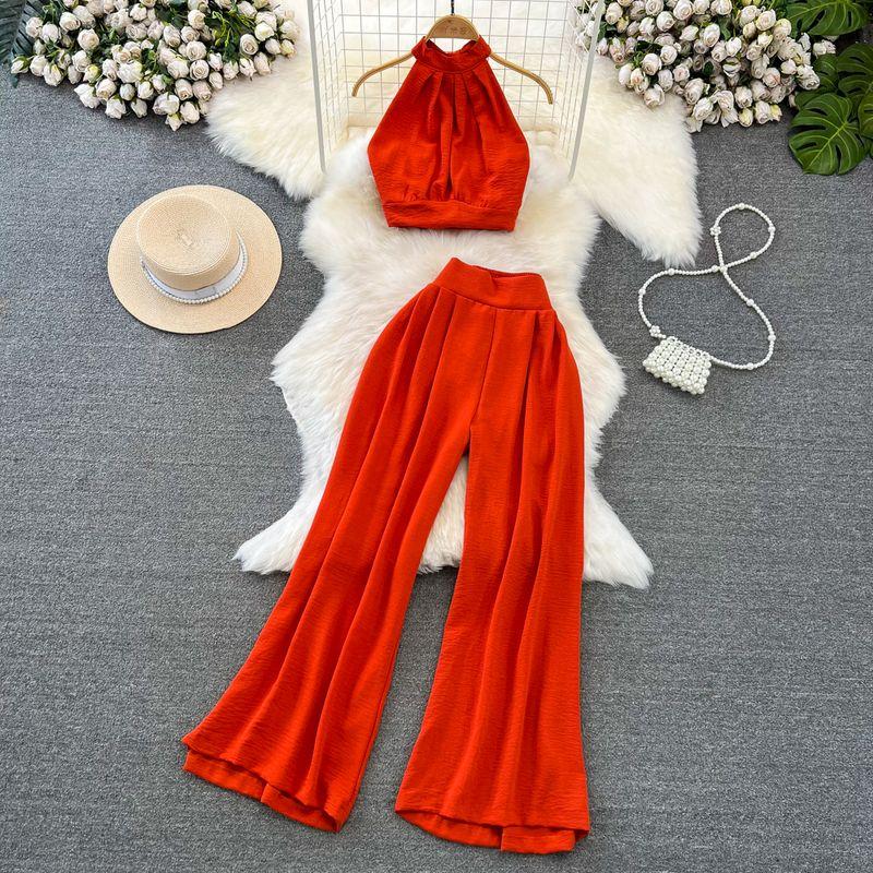 

Off-the-Shoulder Seaside Holiday Slim Looking Straight-leg Fashion Suit Orange All yards