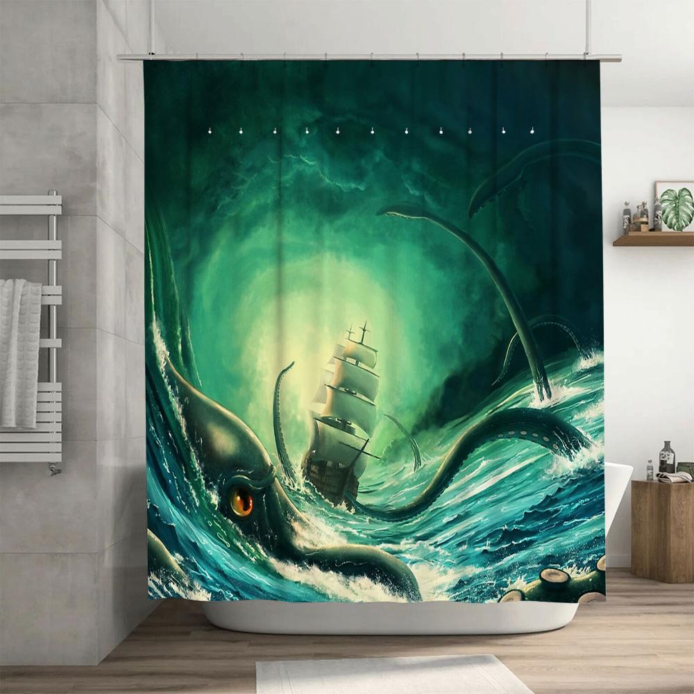 Ocean Kraken Tentacles Sea Monster Shower Curtain Gothic Horror Bathroom Decor Nautical Halloween Backdrop Vintage Artistic Home