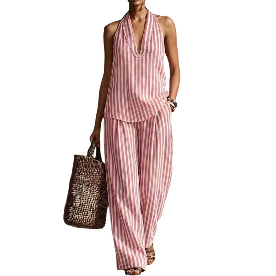 Women's Summer Striped Two Piece Set Sleeveless Halter Neck Top And Long Pants Matching Sets Casual Travel Vacation Outfits