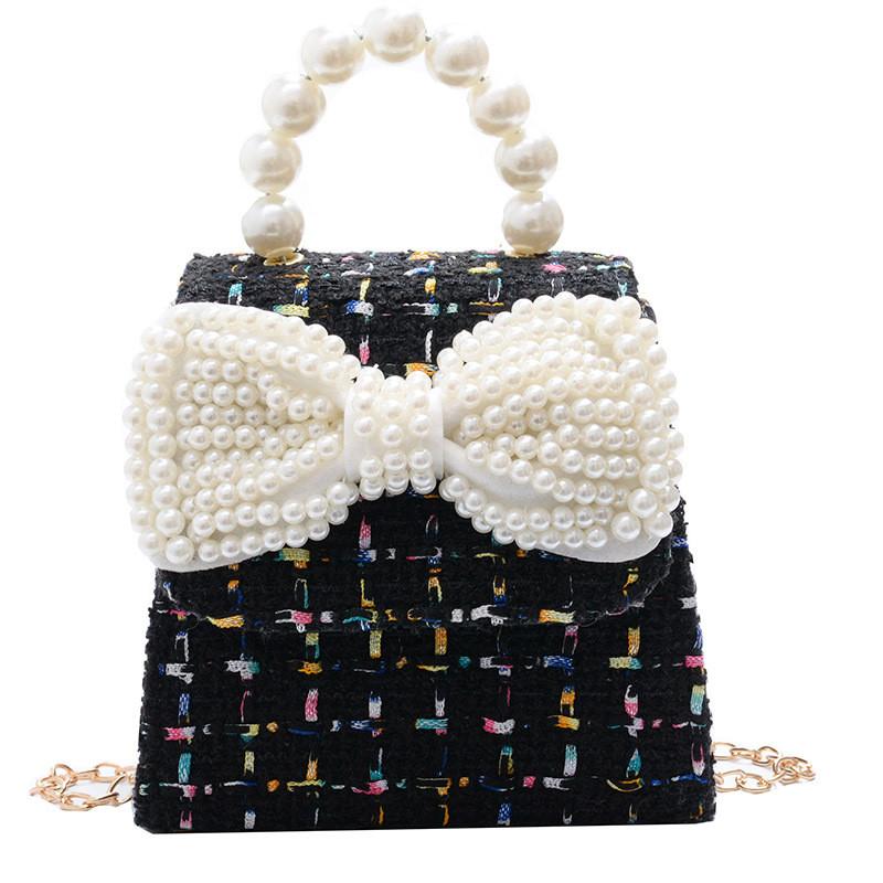 

Adorable Mini Pearl Bow Handbag For Girls Soft Leather Stylish Girls Purse Black Bow