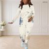 Women Plus Size Round Neck Long Sleeve Leaf Printed Top And Fitted Pants Two Piece Set