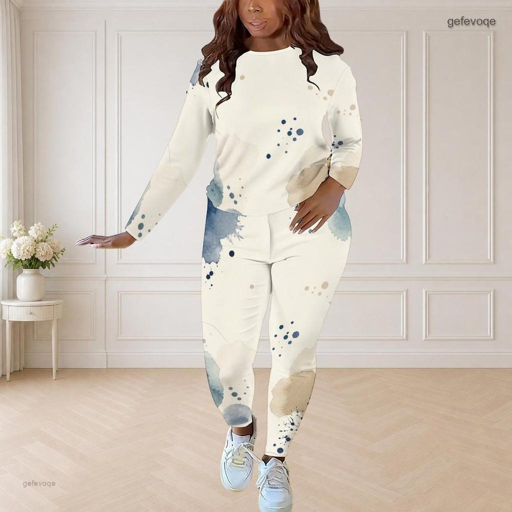 Women Plus Size Round Neck Long Sleeve Leaf Printed Top And Fitted Pants Two Piece Set