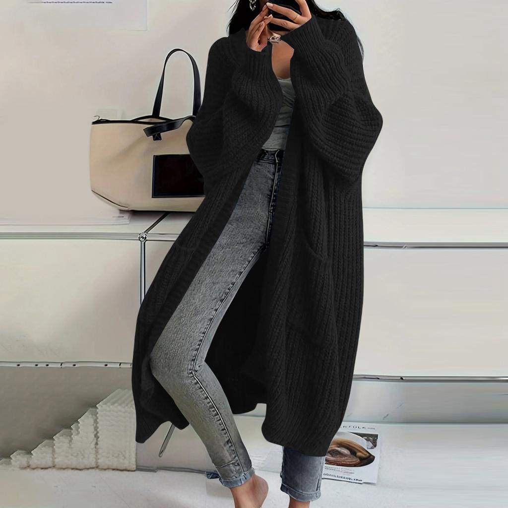 Women's Solid Color Long Sleeved Knee Length Knitted Cardigan, Lazy Trend, Medium Long Hair Jacket