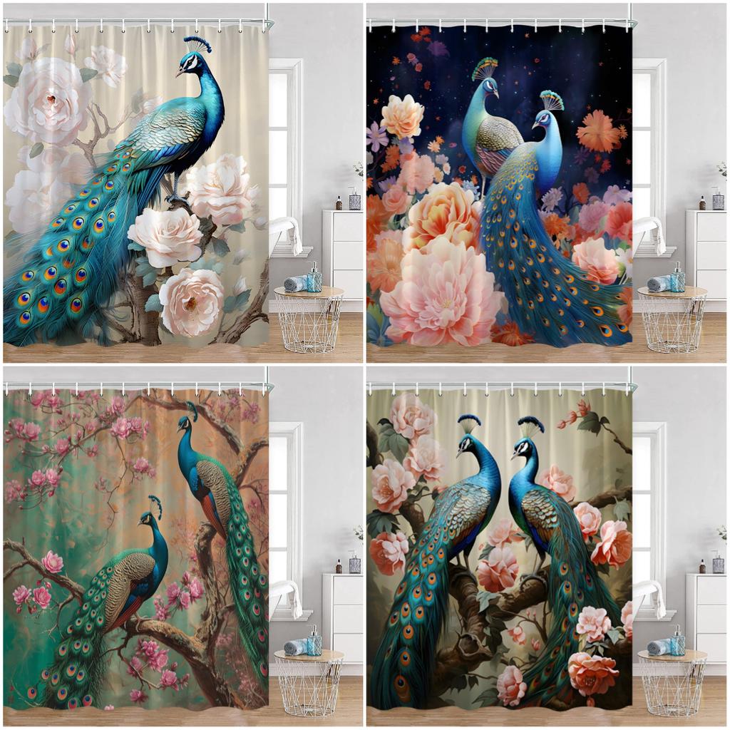 Peacock Shower Curtain Modern Oil Paniting Animals Flowers Plants Floral Bathroom Decor Elegant Fabric Bath Curtains with Hooks