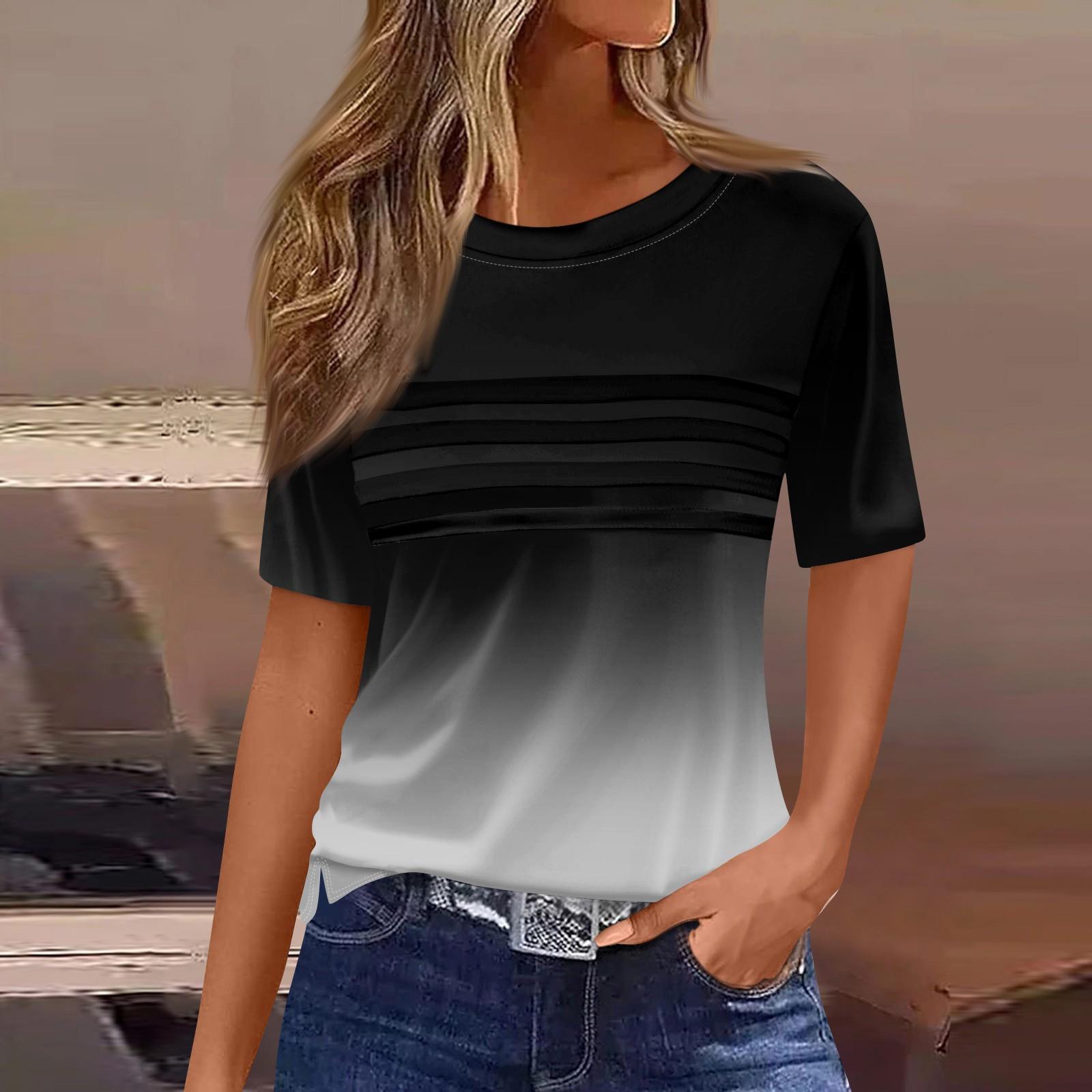 

Футболки для женщин, плиссированные, с круглым вырезом, нарядные, повседневные, блузки с принтом, с коротким рукавом, летние топы, свободный крой L чёрный