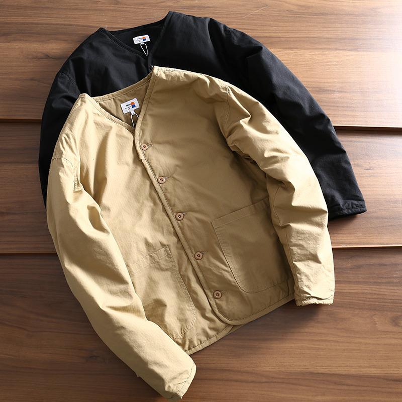 Japanese Vintage Collarless Cotton Workwear Jacket for Men - Autumn/Winter Solid Color Casual Outerwear