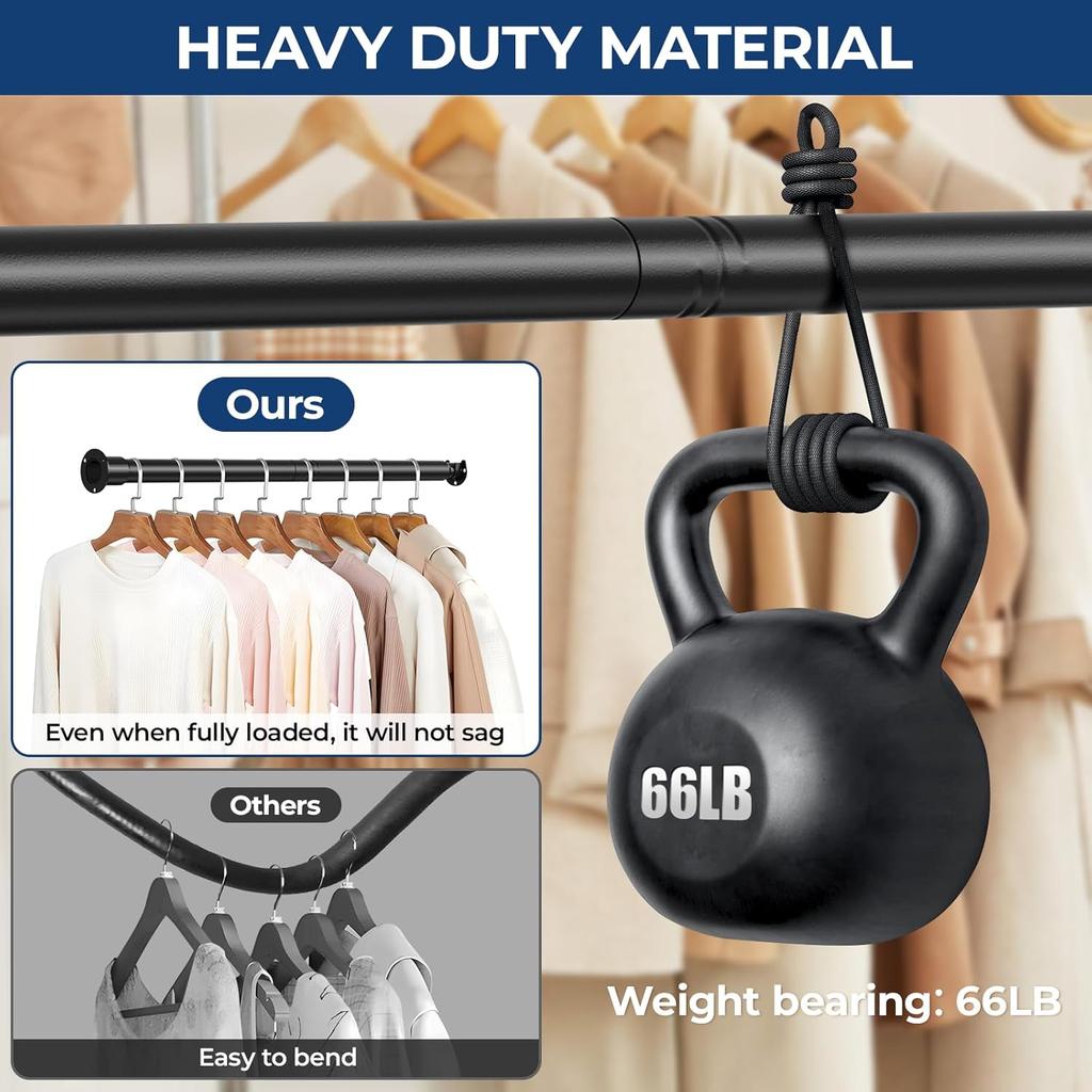 Mavivegue Closet Rod, 17 to 84 Inch Adjustable Closet Rods for Hanging Clothes, Heavy Duty Tension Rod, Black Curtain Rod, for Closet, Wardrobes,