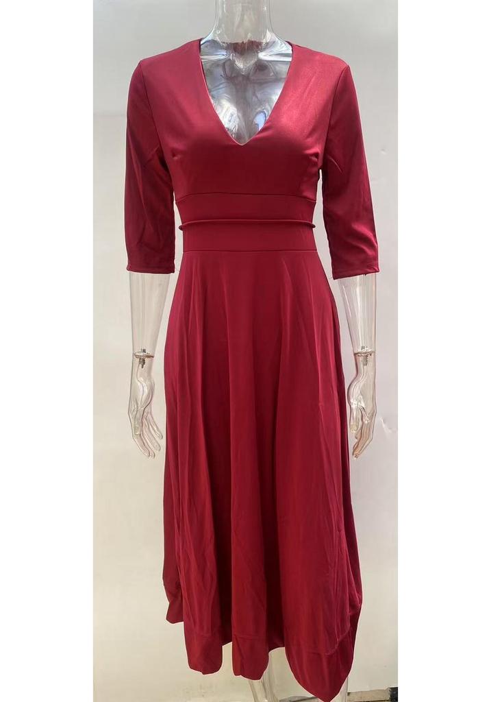 2024 High-End Autumn/Winter Sexy Deep V Short-Sleeved Mid-Length Dress