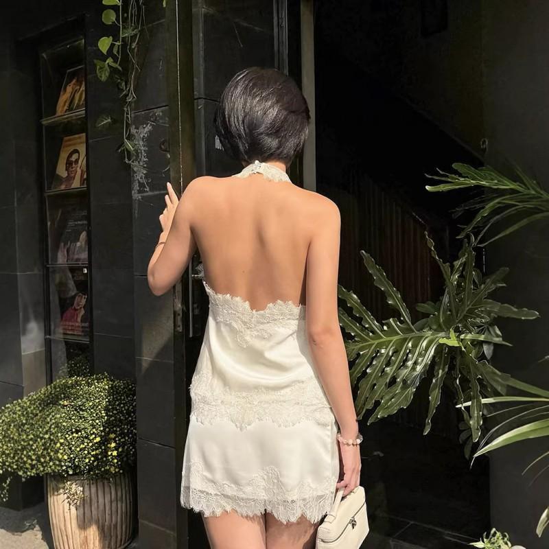 Womens 2026 Satin Lace Halter Vest Skirt 2-Piece Set Casual Elegant Party Outfit