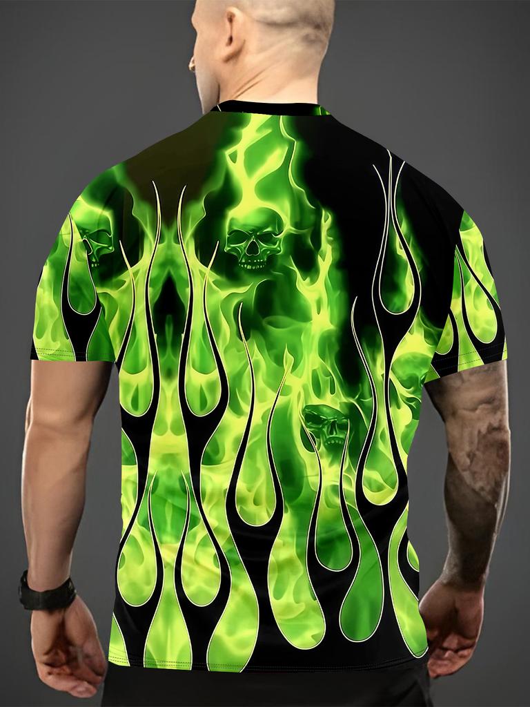 Men's 3D Printed Green Flame T-Shirt - Breathable Short Sleeve Round Neck Casual Summer Tee with Flame Graphic, Suitable for Outdoor Wear, Gift for