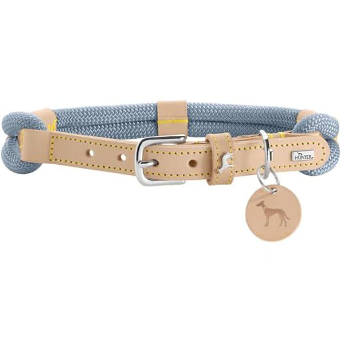 Collier Pour Chien - HUNTER - Malia - Corde Souple Et Cuir - Couleur Bleu Pigeon/Naturel - Taille 45-54 Cm
