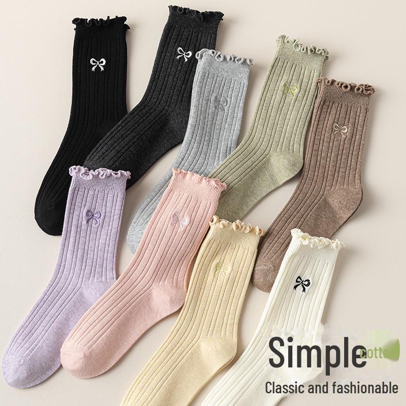 "Women's Anti-Pilling Embroidered Bow Mid-Tube Lace Cotton Socks - Autumn Breathable Style"
