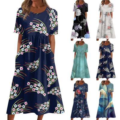Damen-Freizeitkleider, bedruckte Kleider, Sommerkleider, bedruckt, plissiert, Rundhals-Midi-Kleider, Basic, klassisch, Outdoor, täglich, kurzärmelig, lockere Kleider