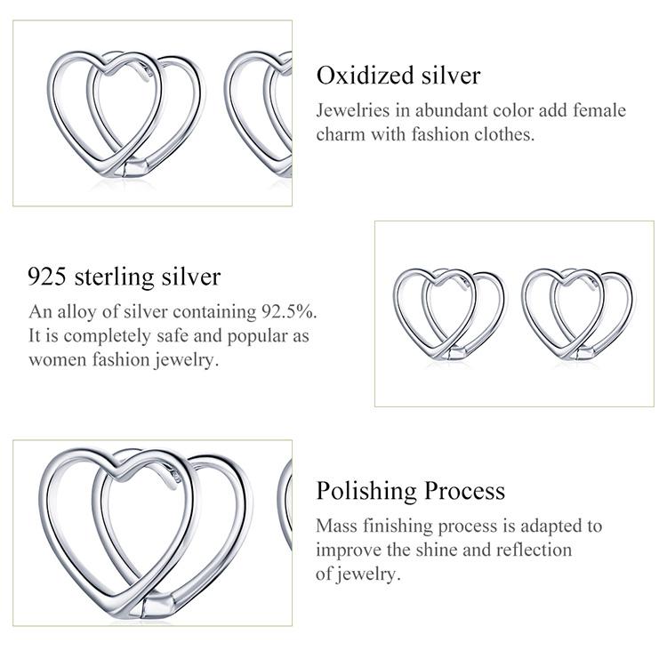Bisaer 925 Sterling Silver Simple Fashionable Heart Shape Stud Earrings for Women Wedding Fine Jewelry
