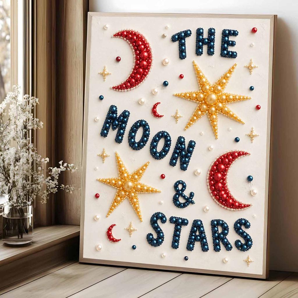Unique 5D Framed Pearl Painting Kit with Moon and Stars Pattern Sparkling Bead Art Canvas DIY Handmade Craft for Living Room Decor