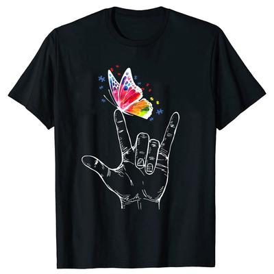 I Love You Hand Sign Language Butterfly Autism Awareness Tshirt Retro Oneck Tshirt Women Clothing Tees Fashion Unisex T Shirt