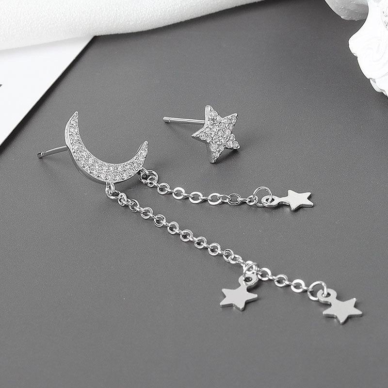 Fashionable Asymmetric Star Moon Rhinestone Tassel Earrings Unique Design Dangle Ear Studs For Women