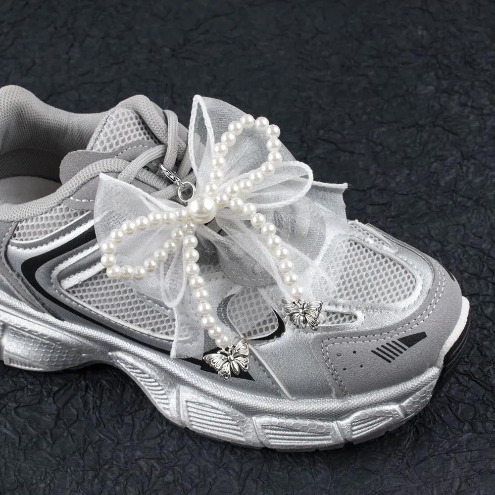 NEW Pearl Bow Shoe Charm Accessories Shoe Laces Charms for Sneakers Decorative Silk Ribbon Metal Pendant Shoe Decorations 1Pcs