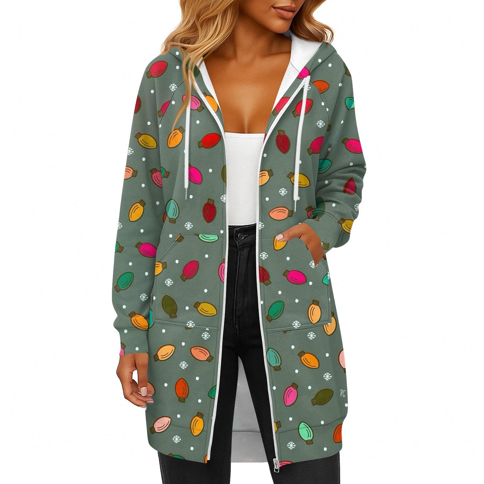 

Женская модная рождественская толстовка с длинными рукавами, капюшоном на кулиске, карманом на молнии, длинная, повседневная XL