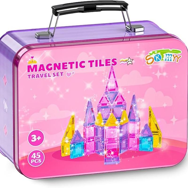 Mini Magnetic Tiles 45PCS Portable Travel Magnetic Tiles Set with Iron Case Creative STEM Montessori Toy for Girl Birthday Gifts Portable MagnetTiles