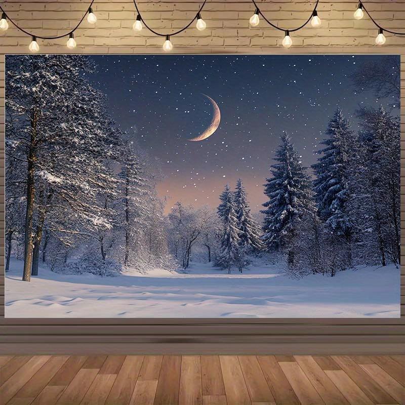 2D Plane 1 Piece of Winter Night Moonlight Snow Forest Background Fabric Suitable for Parties and Birthdays