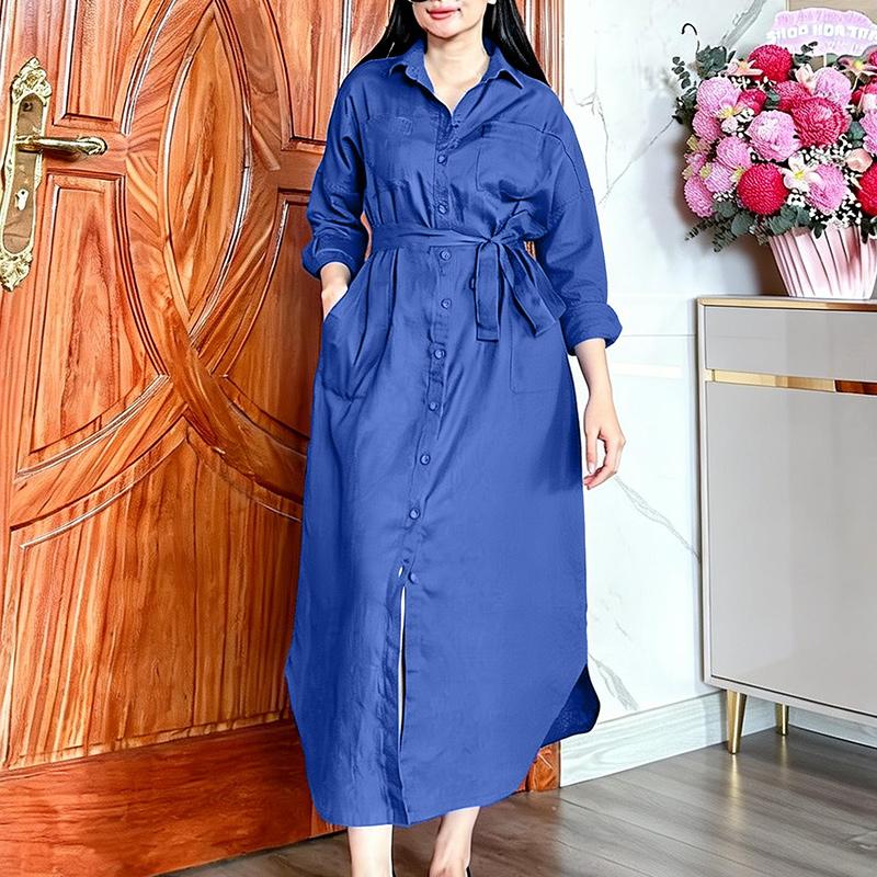 

ZANZEA Женское платье-рубашка свободного кроя с отложным воротником и длинными рукавами S синий