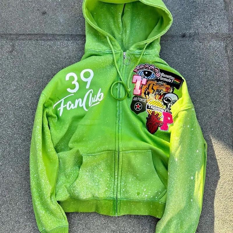 Womens Oversized Hooded Zip-Up Sweatshirt Streetwear Loose Fit Casual Long Sleeve Top In Green Blue Purple