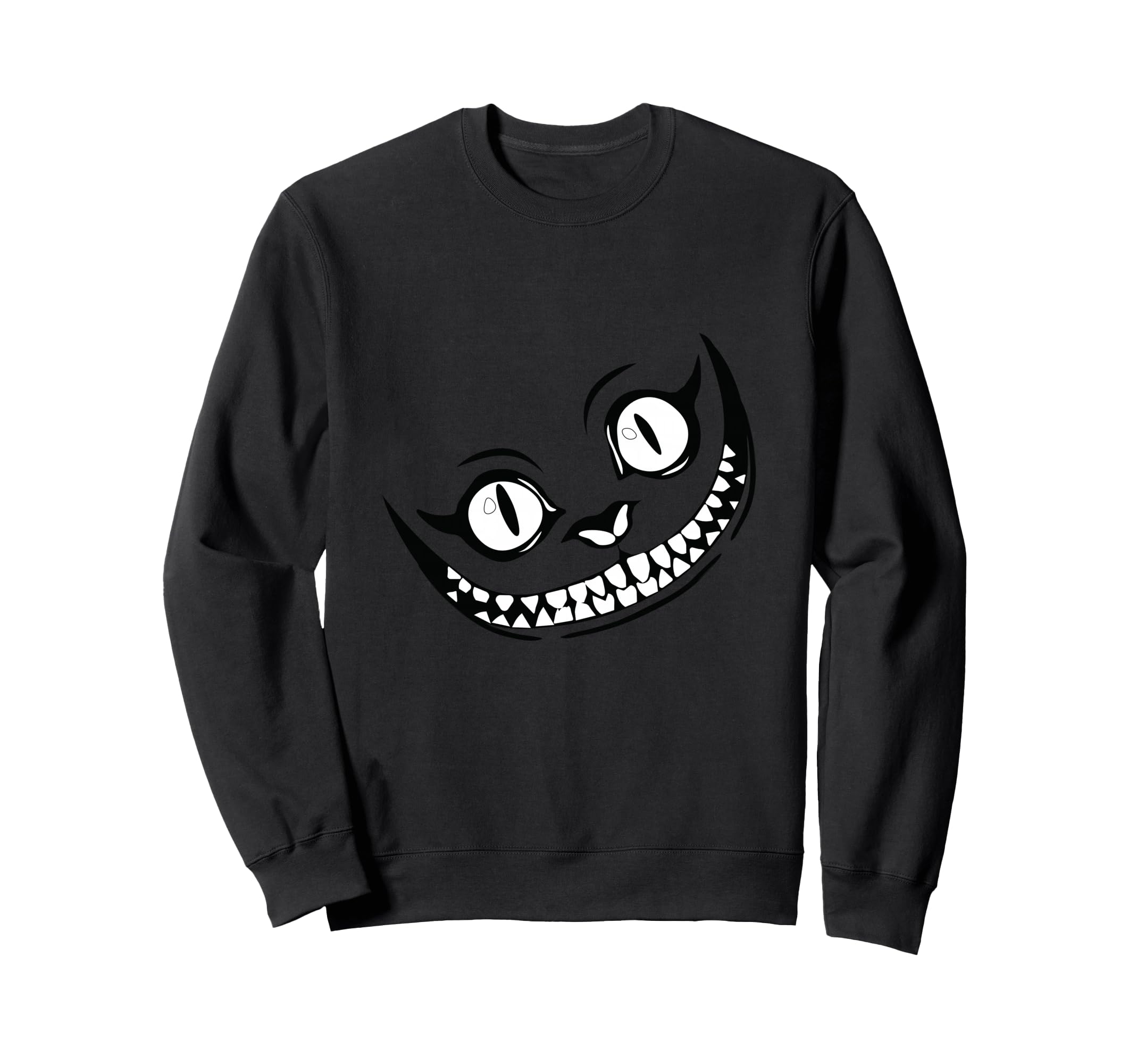 A black and white Cheshire Cat sweatshirt with a mischievous grin.