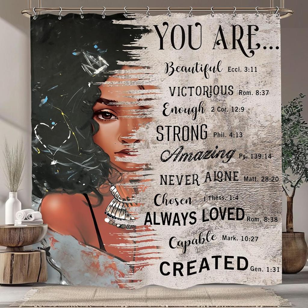 African American Flower Shower Curtain, Black Girl Marble Design, Inspirational Motivational Print, Waterproof Polyester