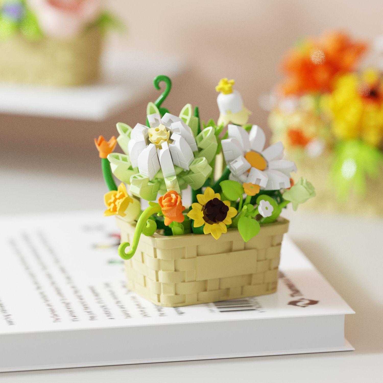 Preserved Flower Building Blocks: Decorative Flower Basket with Micro-particle Blocks, Ideal for Desktops