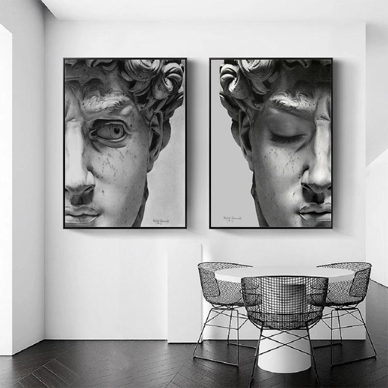 Retro Renaissance David Solid Sculpture Canvas Paintings Half A Face Portrait Print Posters Art Pictures for Room Wall Decor