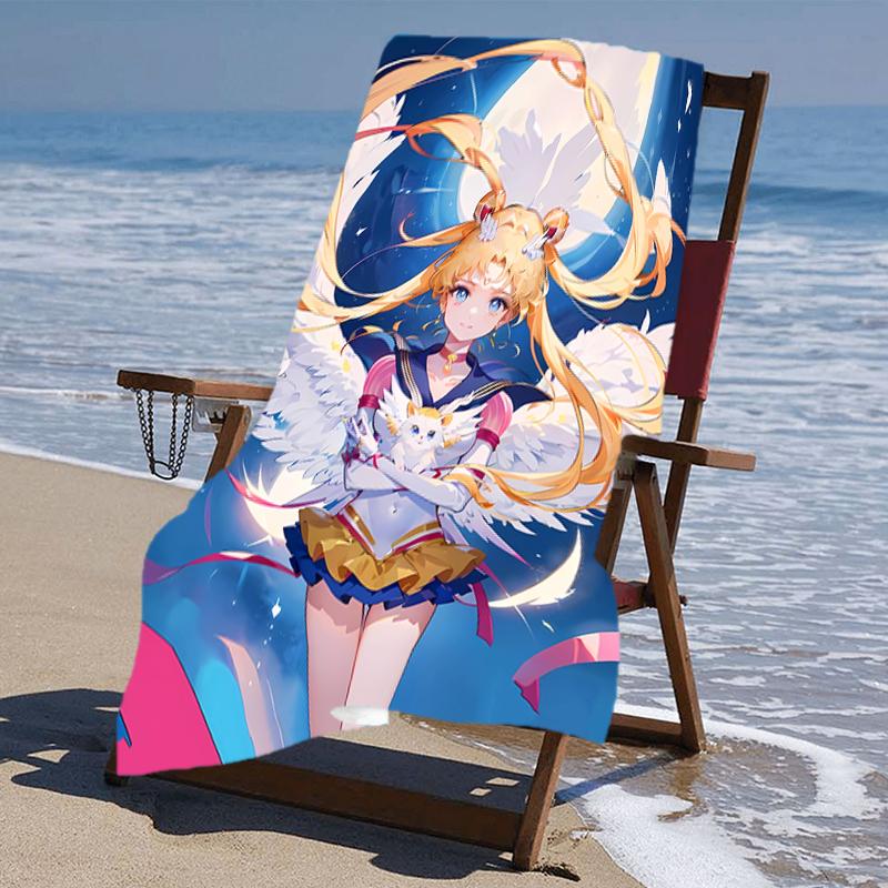 proof beach towel with a Sailor Moon1 pattern - soft,absorbent,quick-drying,machine washable - perfect for swimming,camping,bathing