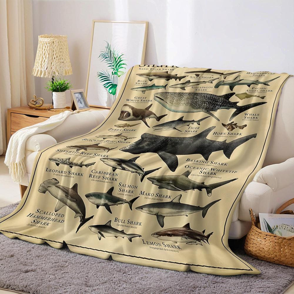 Vintage Shark Chart Flannel Blanket Warm Soft Halloween Christmas Couch Warm Cozy Decorative Decor Gift For All Season