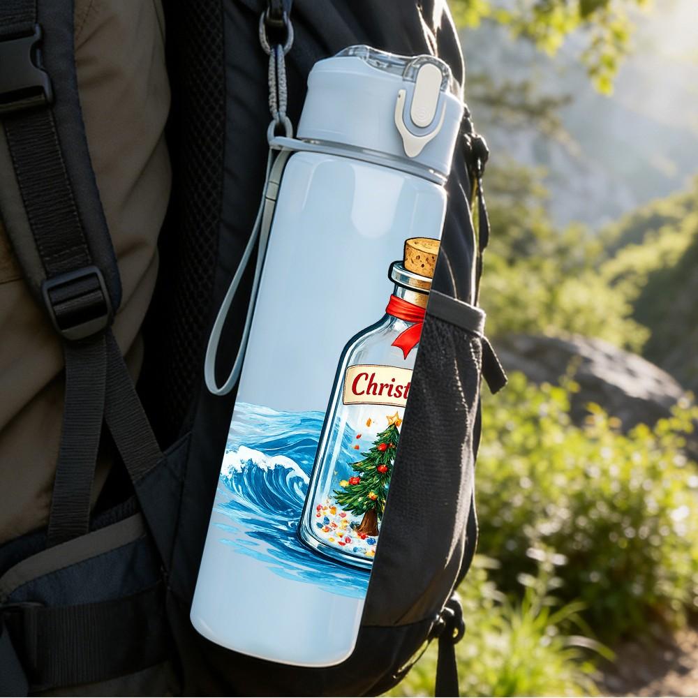 1PC Glass Bottle Christmas Tree Ocean Print 750ml Color Plastic Sports Water Bottle Leakproof Flip Straw Lid Suitable for Sports Office Home Use