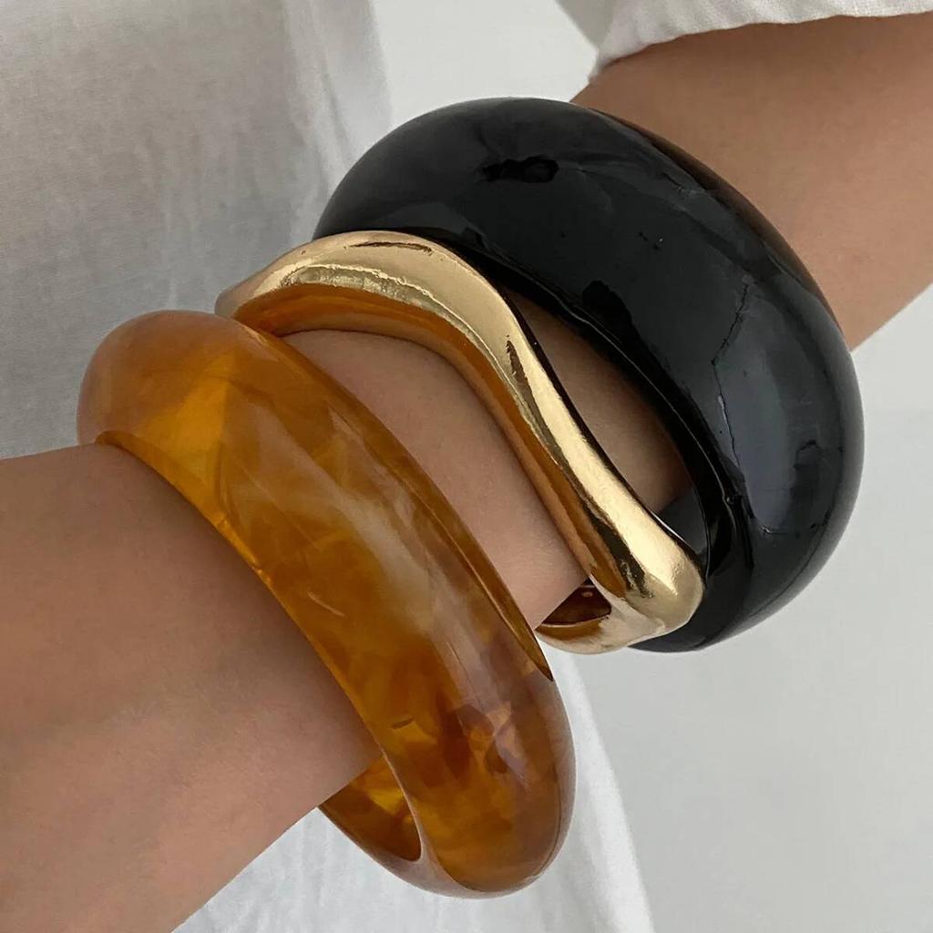 IngeSight.Z 3 Styles Geometric Resin Acrylic Chunky Bangles Women on Hand Vintage Punk Wide Arm Bracelets Aesthetic Y2K Jewelry