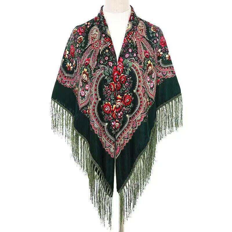 Women's Russian Print Large Silk Shawl Scarf with Fringe, Perfect for Skirts and Qipao, Yunnan Tourism Wear