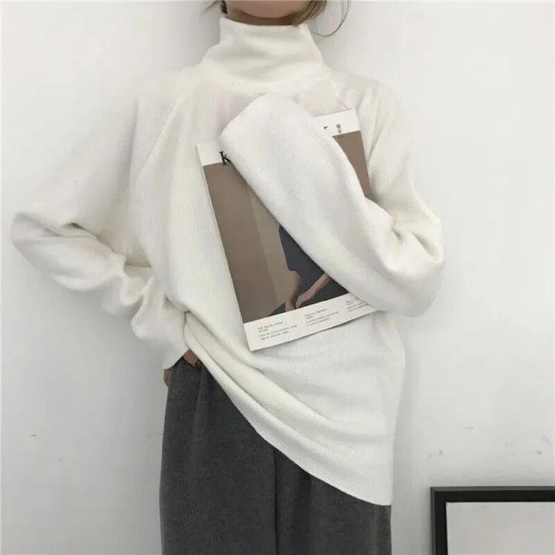 Rollkragenpullover für Damen, warm, dünn, lockerer Strick, weißer Pullover, gestrickt, Basic-Oberteil, zieht kintwear Frühling und Herbst