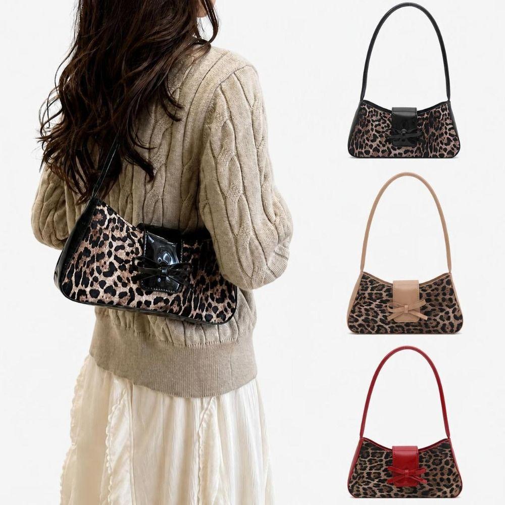 Versatile Large Capacity Underarm Bag Leopard Print Bowknot Design Handbag PU Leather Minimalist Armpit Bag Casual Wear