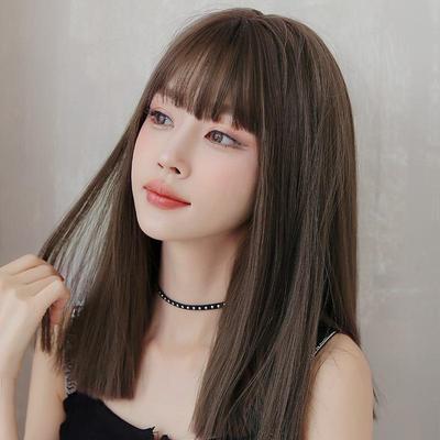Medium-Length Black Straight Wig with Air Bangs - Natural Look, Full Headpiece for Women