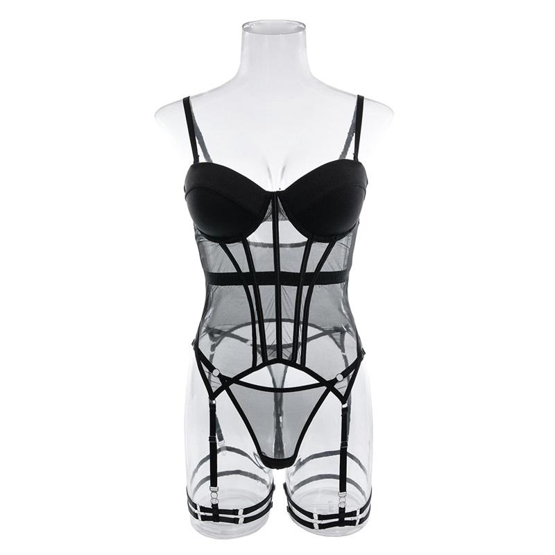 Tooxika Erotic Underwear Sexy Transparent Mesh Gathered Bodysuit Set