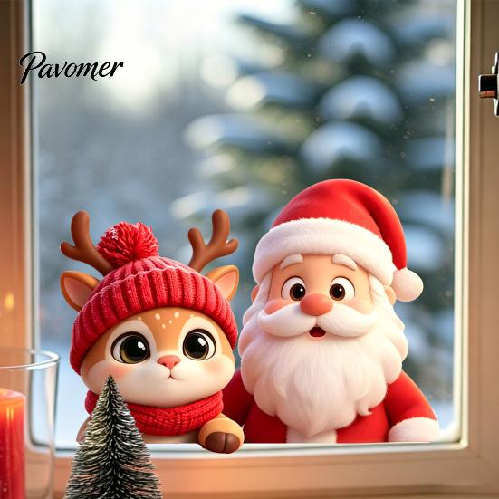 Holiday Glass Stickers Santa Claus Reindeer Window Cling, Christmas Static Sticker Decals for Party, Removable Reusable Decoration Decal Bathroom