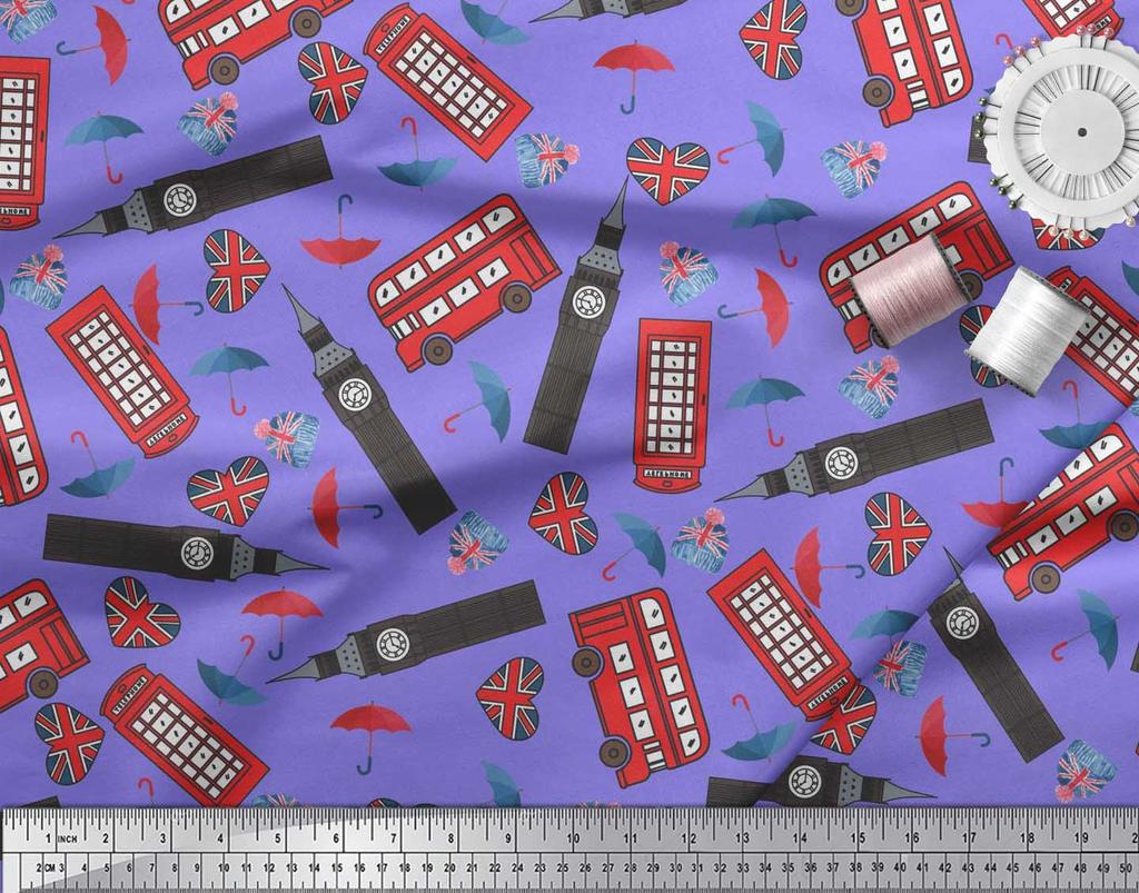 Soimoi Japan Crepe Satin Fabric Bus,Telephone Booth & London Clock Tower Architectural Print Sewing Fabric Metre 42 Inch