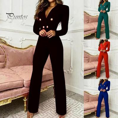 Women High Waist Jumpsuit V Neck Polyester Long Pants Sexy Office RomperDaily Wear