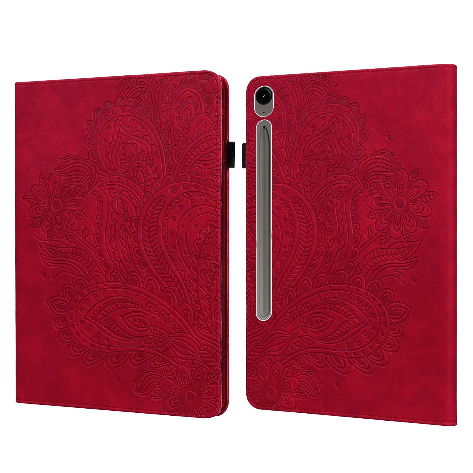 

For Samsung Galaxy Tab S10 FE+ Case Peacock Flower Pattern Card Holder Leather Tablet Cover Red