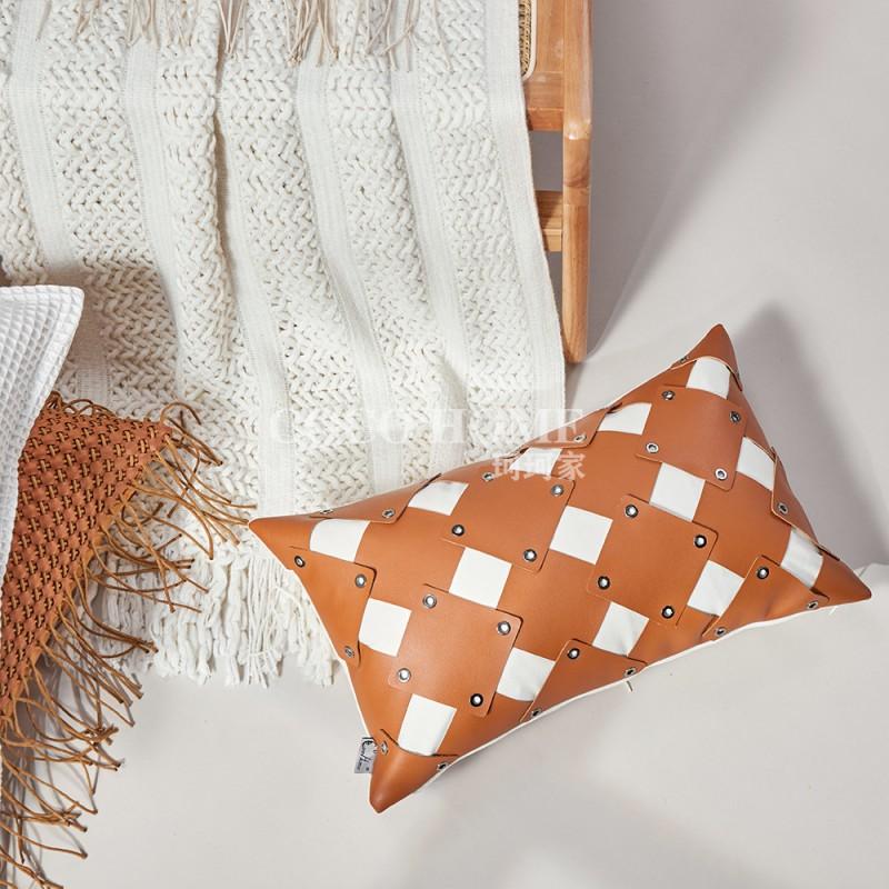 Modern Orange Leather Accent Pillow With Tassel Trim Geometric Decorative Cushion Cover Living Room Bedroom Sofa