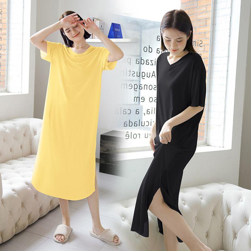 Modal Loose Nightdress Women's Summer Home Thin Casual Dress Ice Silk plus Size Slim Looking Short Sleeve Dress