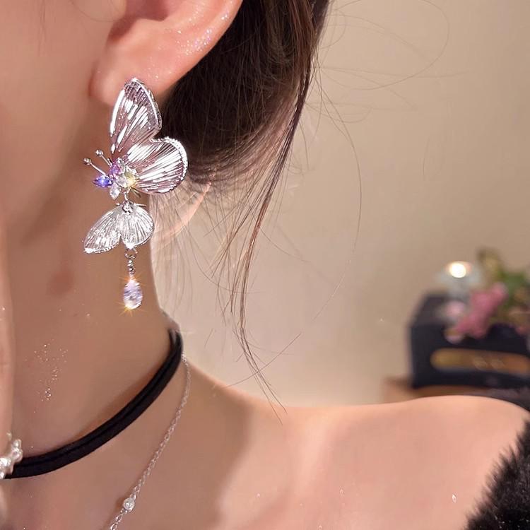 Purple Sparkling Zircon Butterfly Earrings - Luxury Women's Studs