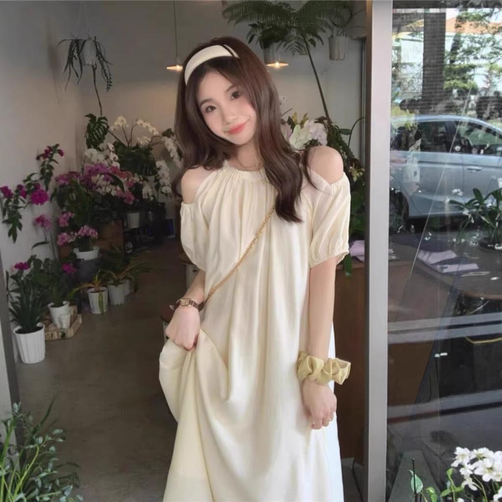 Summer French off-the-shoulder bubble sleeve dress, large size women's clothing, covering the belly and showing thinness, loose temperament medium an